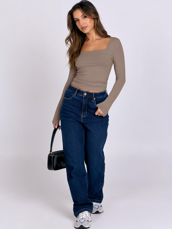 ANRABESS Women's Double Lined Square Neck Crop Top