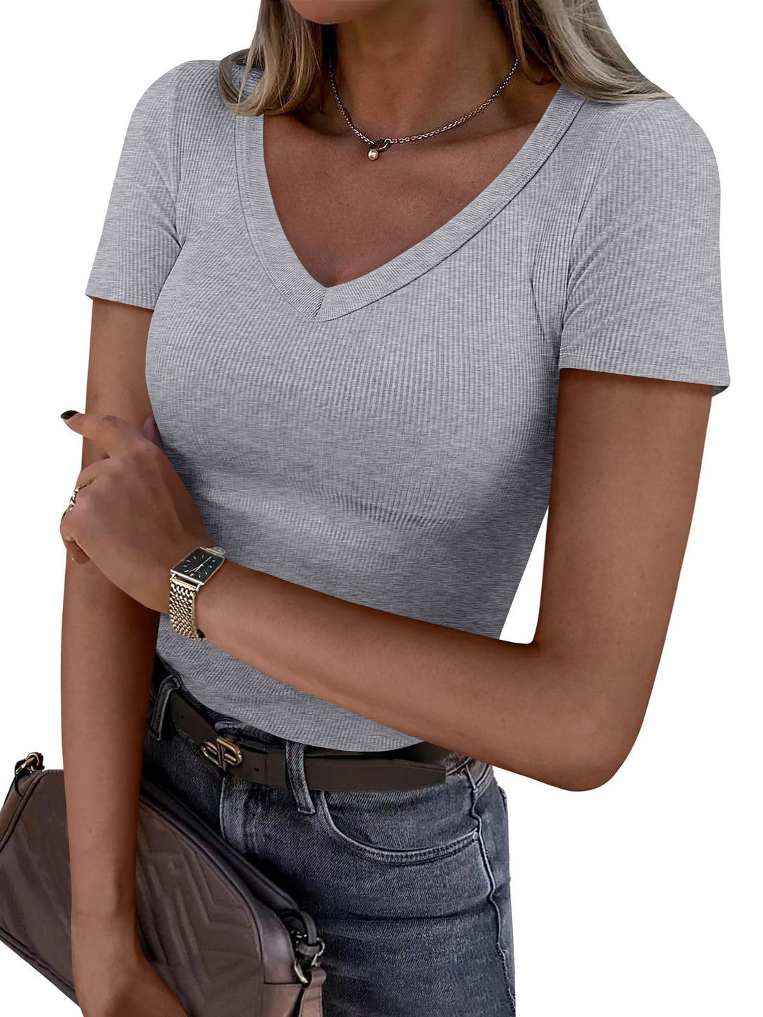 ANRABESS Fitted Ribbed V-Neck Short Sleeve Top