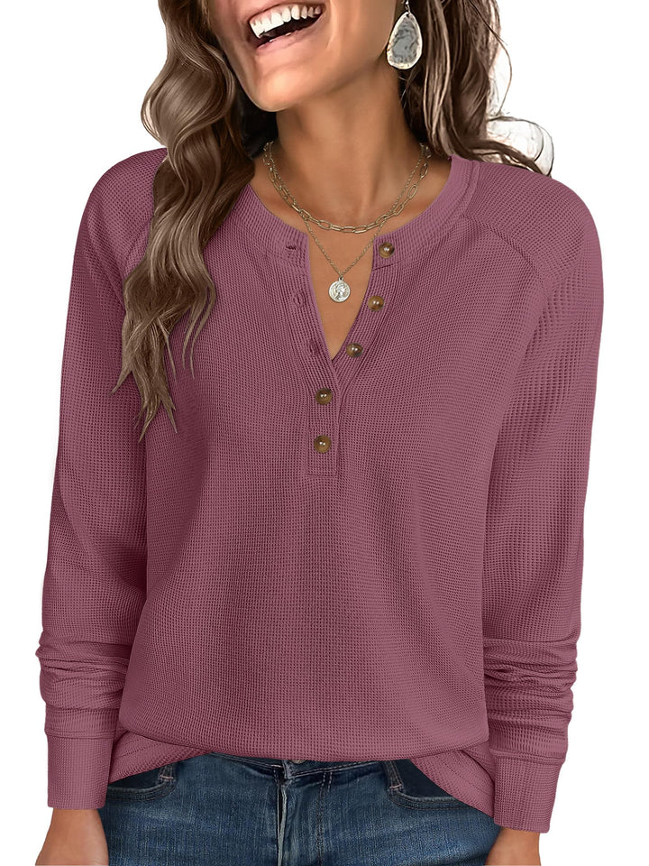 ANRABESS Long Sleeve Waffle Knit Shirts for Women Spring Fall Dressy Casual Button Up V Neck Henley Tops Loose Basic Tees Winter Clothes
