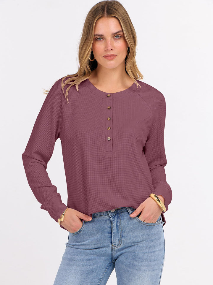 ANRABESS Long Sleeve Waffle Knit Shirts for Women Spring Fall Dressy Casual Button Up V Neck Henley Tops Loose Basic Tees Winter Clothes