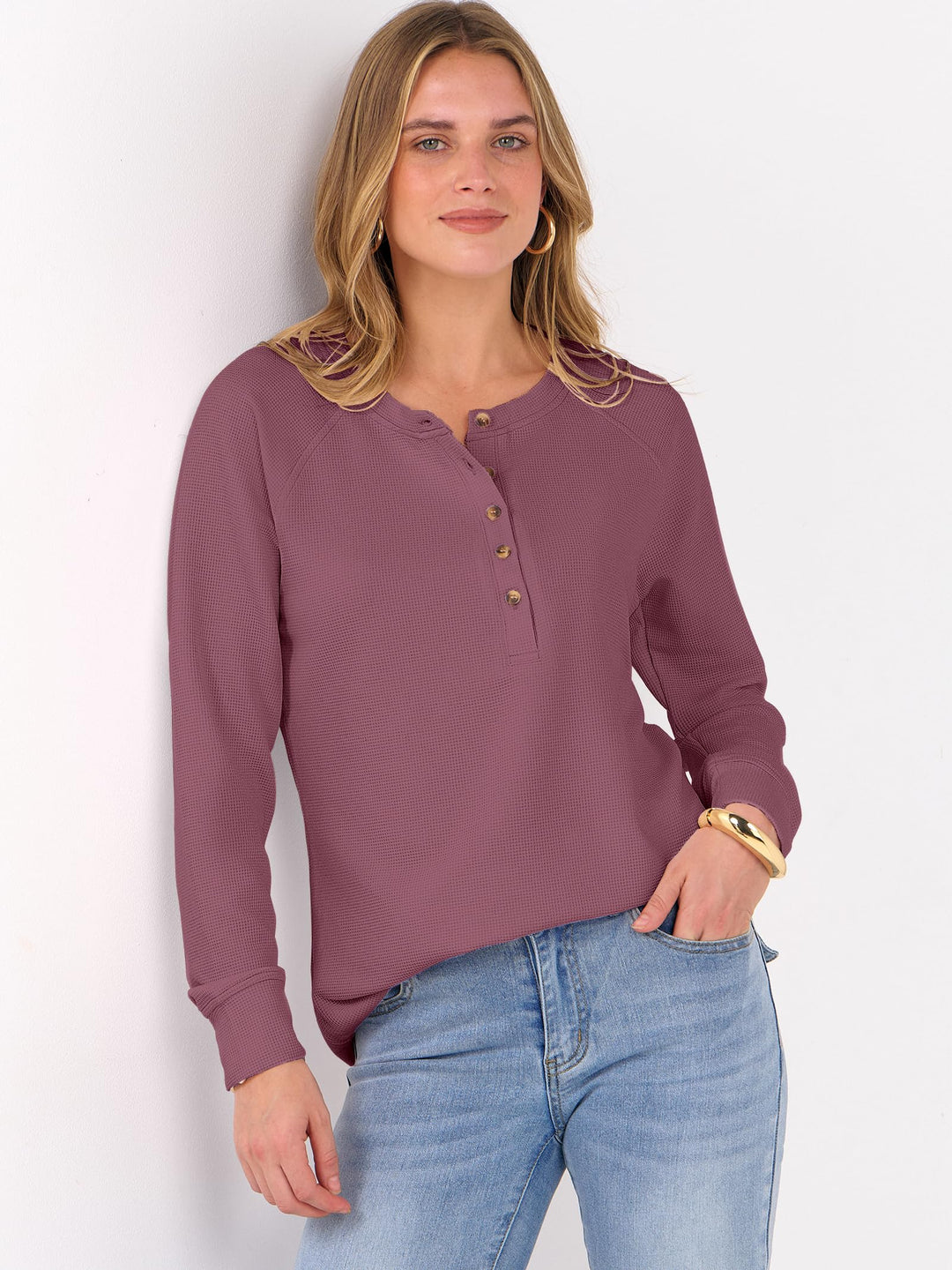 ANRABESS Long Sleeve Waffle Knit Shirts for Women Spring Fall Dressy Casual Button Up V Neck Henley Tops Loose Basic Tees Winter Clothes