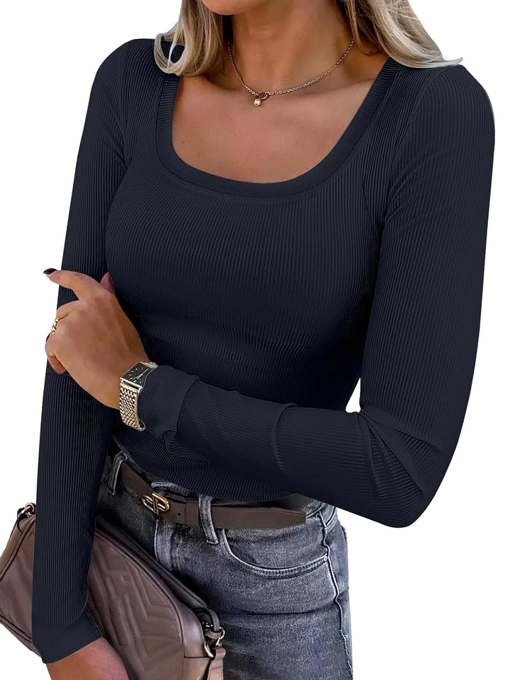 ANRABESS Long Sleeve Shirts for Women Ribbed Knit Slim Fitted Casual Tops Scoop Neck Basic Tee Spring Fall Fashion Clothes