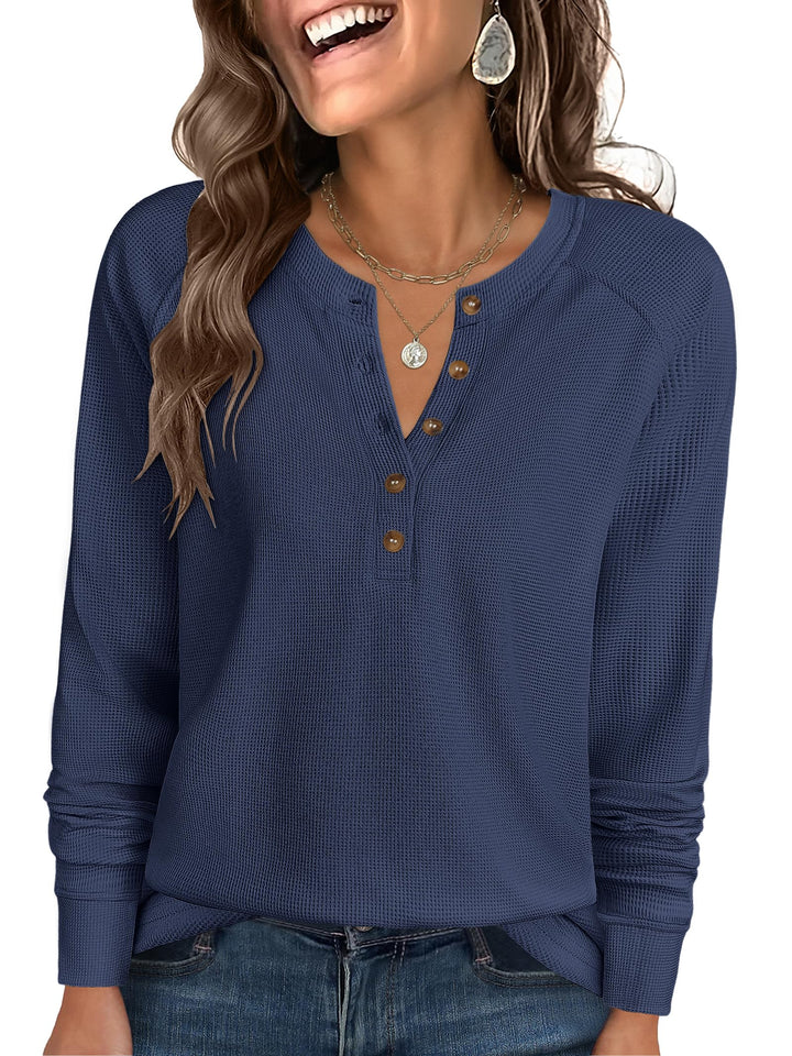 ANRABESS Long Sleeve Waffle Knit Shirts for Women Spring Fall Dressy Casual Button Up V Neck Henley Tops Loose Basic Tees Winter Clothes