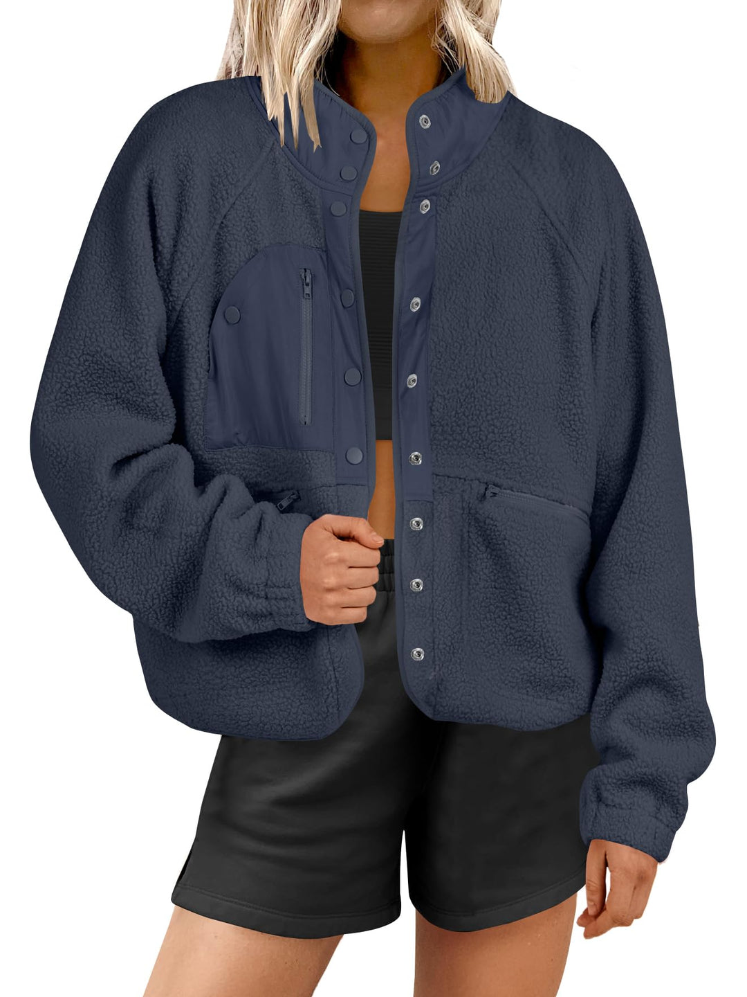 ANRABESS Women's Cropped Sherpa Shacket with Pockets