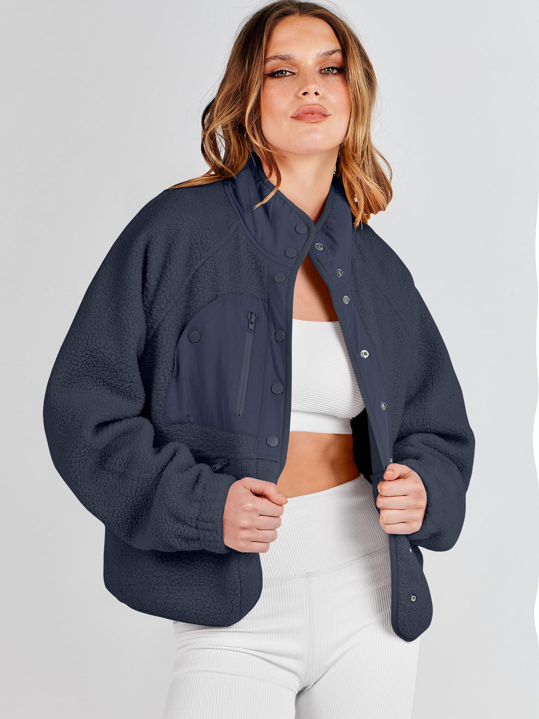 ANRABESS Women's Cropped Sherpa Shacket with Pockets