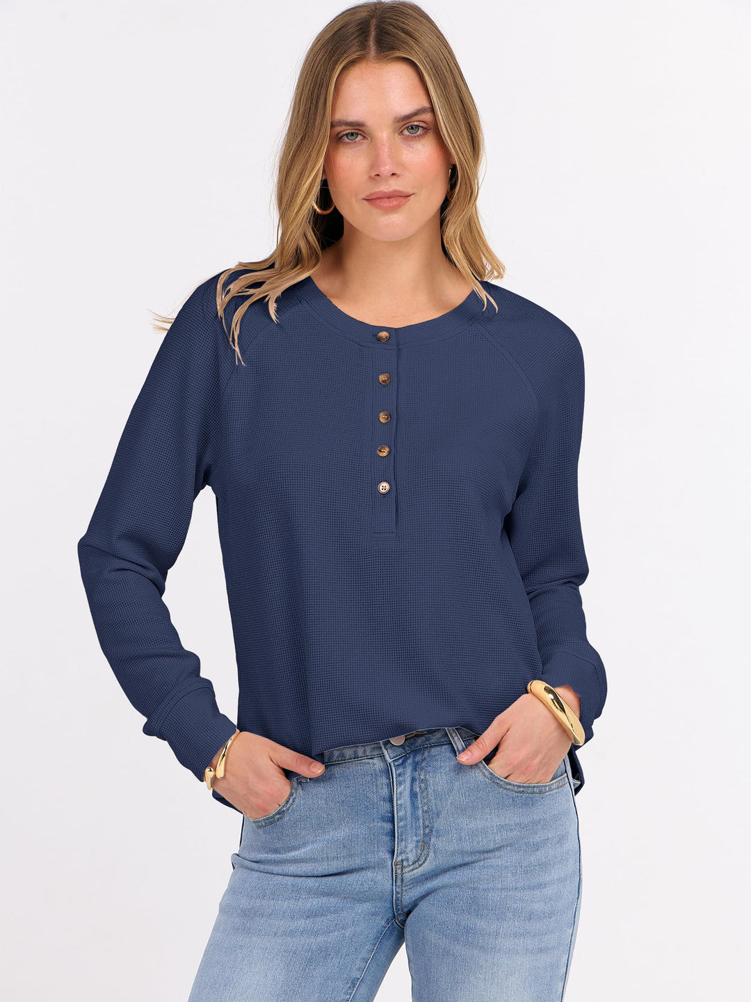 ANRABESS Long Sleeve Waffle Knit Shirts for Women Spring Fall Dressy Casual Button Up V Neck Henley Tops Loose Basic Tees Winter Clothes