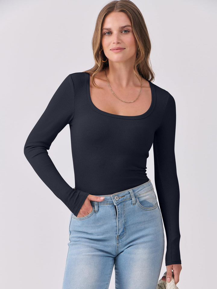 ANRABESS Long Sleeve Shirts for Women Ribbed Knit Slim Fitted Casual Tops Scoop Neck Basic Tee Spring Fall Fashion Clothes