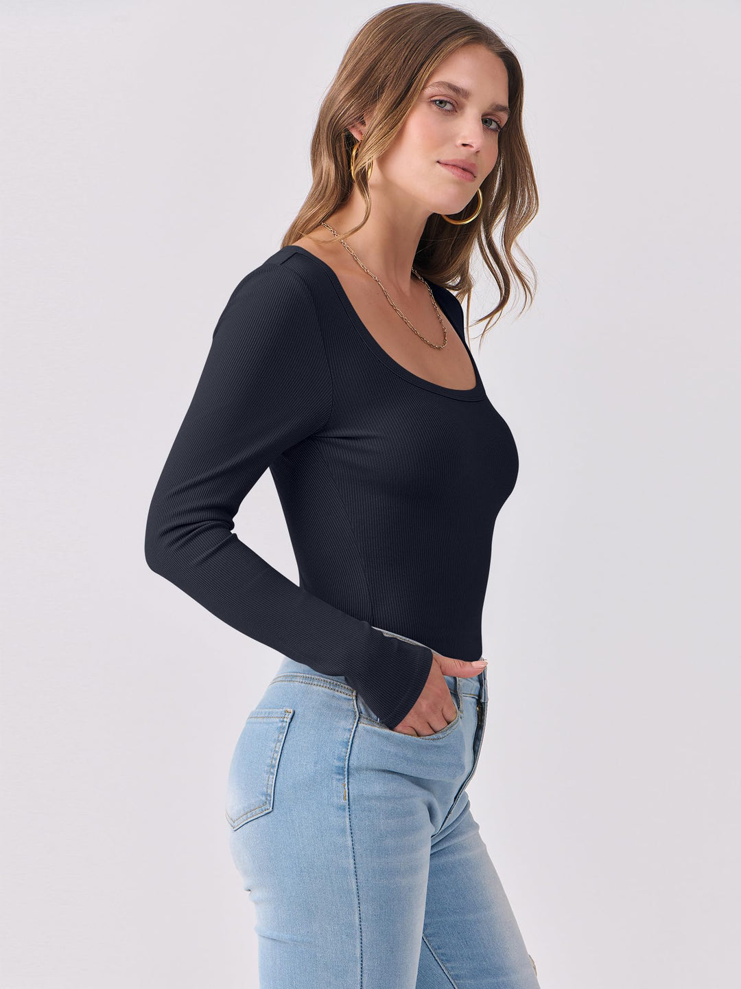 ANRABESS Long Sleeve Shirts for Women Ribbed Knit Slim Fitted Casual Tops Scoop Neck Basic Tee Spring Fall Fashion Clothes