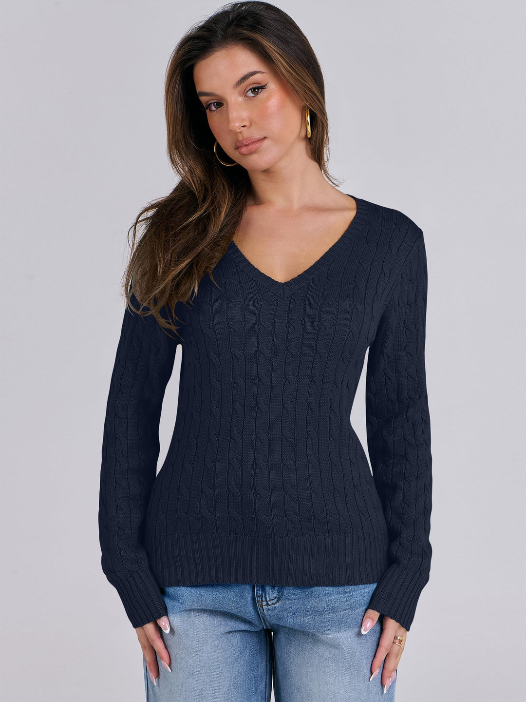ANRABESS Women's Cable Knit V-Neck Fitted Sweater