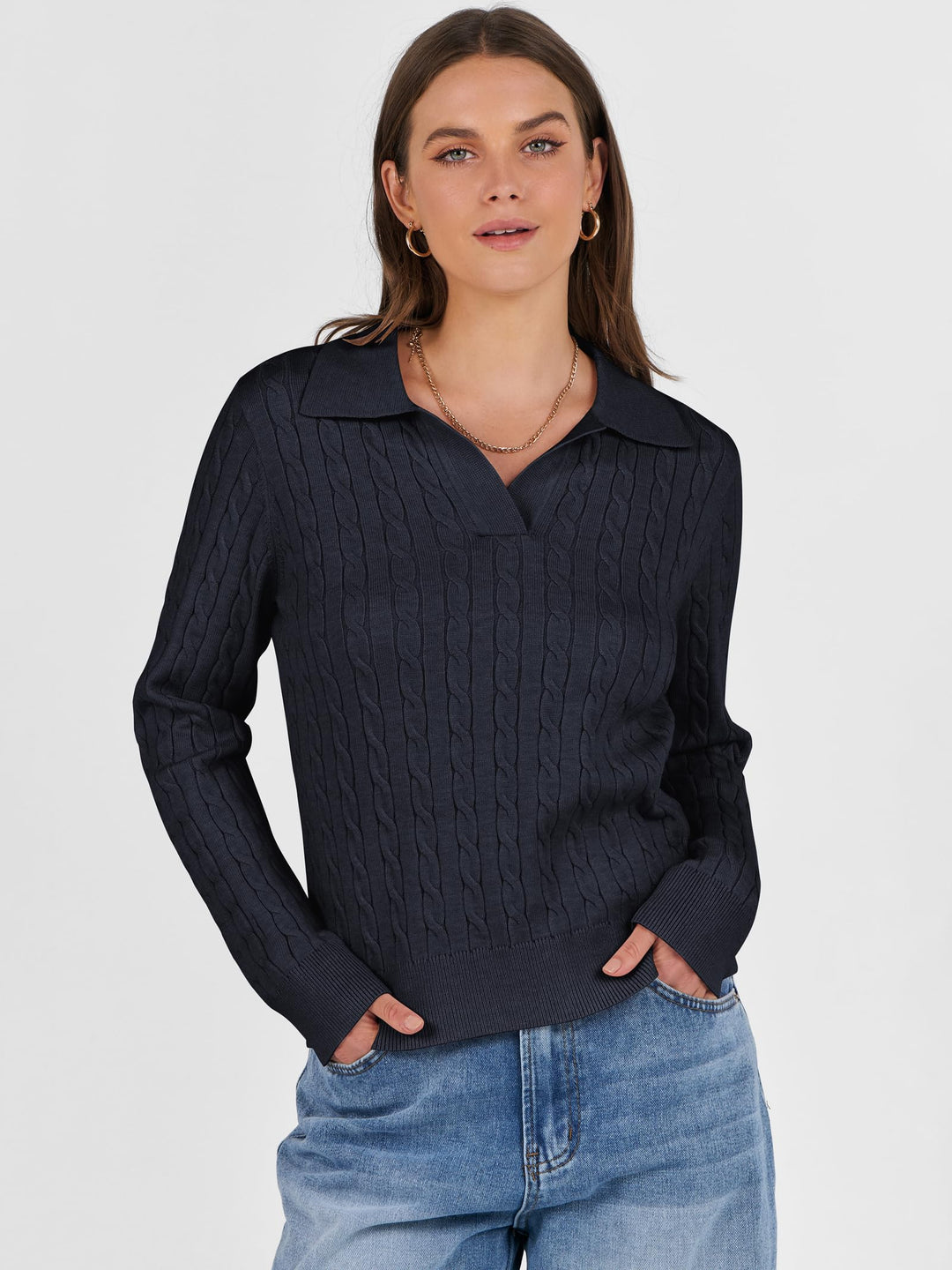 ANRABESS Women's Cable Knit V-Neck Long Sleeve Sweater