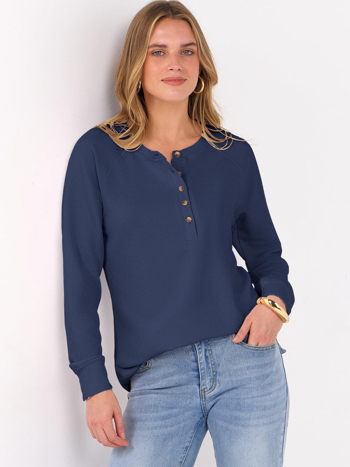 ANRABESS Long Sleeve Waffle Knit Shirts for Women Spring Fall Dressy Casual Button Up V Neck Henley Tops Loose Basic Tees Winter Clothes