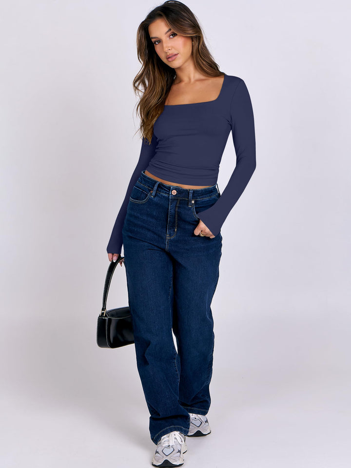 ANRABESS Women's Double Lined Square Neck Crop Top