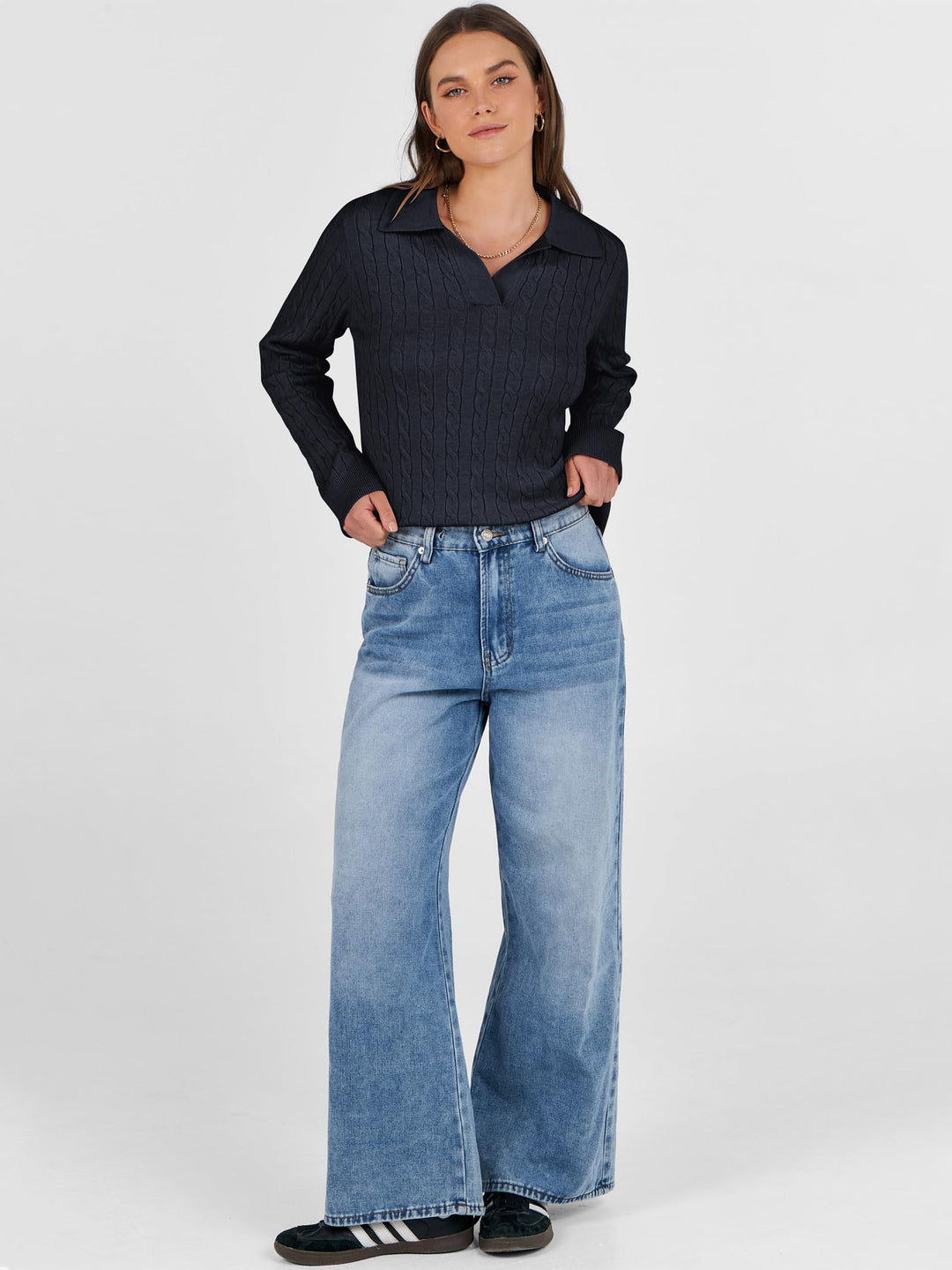 ANRABESS Women's Cable Knit V-Neck Long Sleeve Sweater