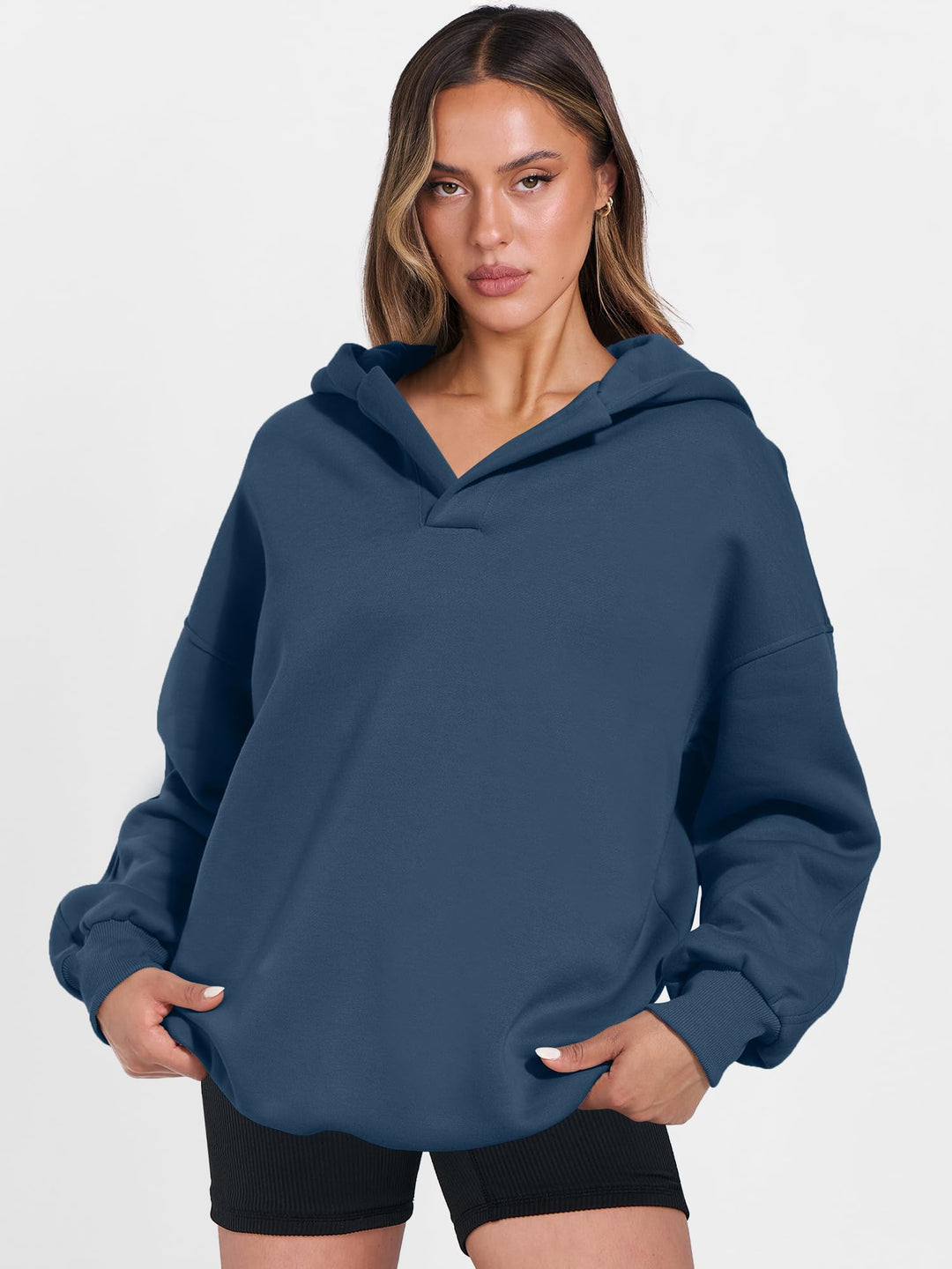 ANRABESS Women's Oversized V-Neck Fleece Hoodie