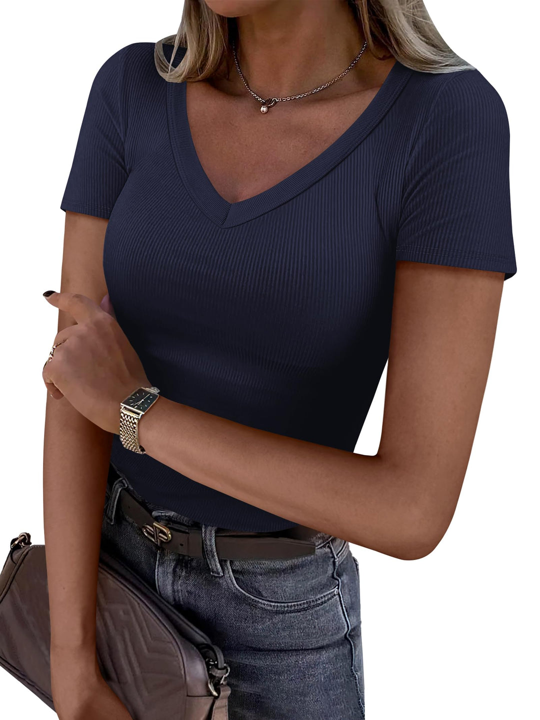 ANRABESS Fitted Ribbed V-Neck Short Sleeve Top