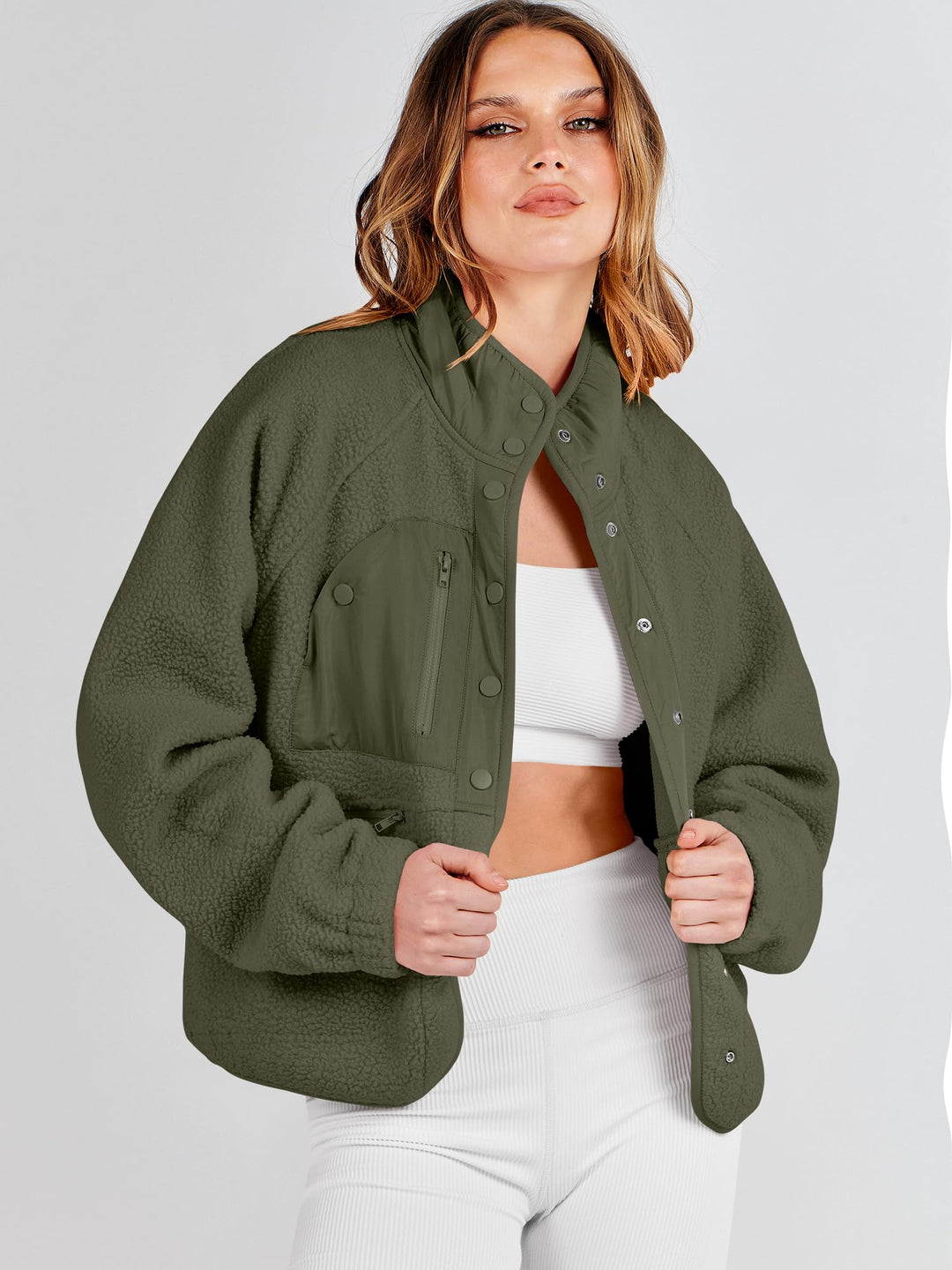 ANRABESS Women's Cropped Sherpa Shacket with Pockets