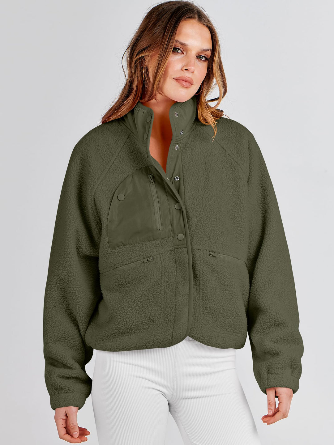 ANRABESS Women's Cropped Sherpa Shacket with Pockets