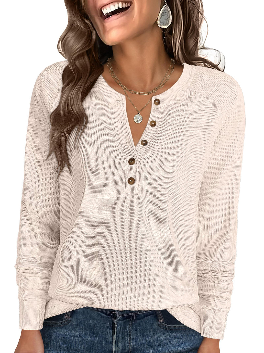 ANRABESS Long Sleeve Waffle Knit Shirts for Women Spring Fall Dressy Casual Button Up V Neck Henley Tops Loose Basic Tees Winter Clothes