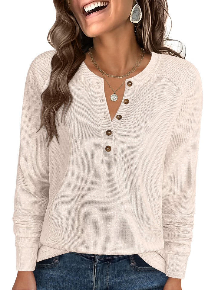 ANRABESS Long Sleeve Waffle Knit Shirts for Women Spring Fall Dressy Casual Button Up V Neck Henley Tops Loose Basic Tees Winter Clothes