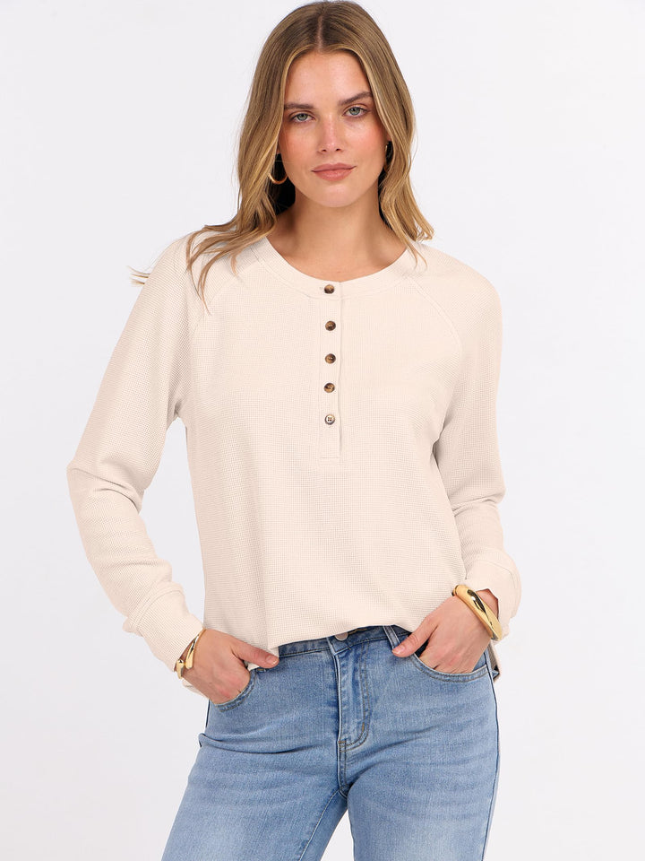 ANRABESS Long Sleeve Waffle Knit Shirts for Women Spring Fall Dressy Casual Button Up V Neck Henley Tops Loose Basic Tees Winter Clothes