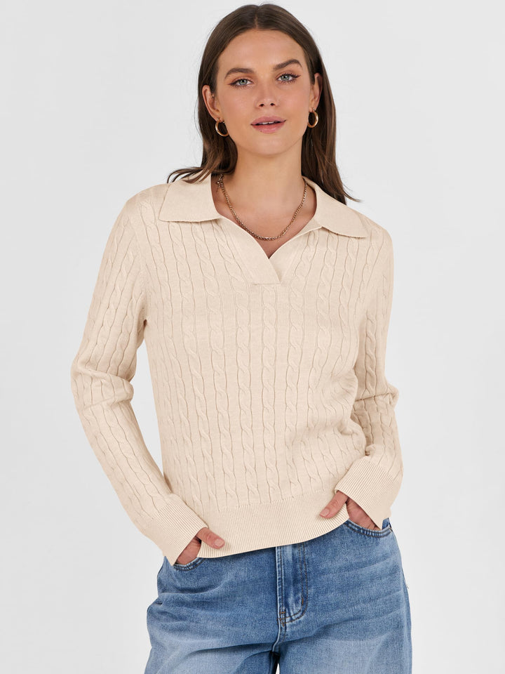 ANRABESS Women's Cable Knit V-Neck Long Sleeve Sweater