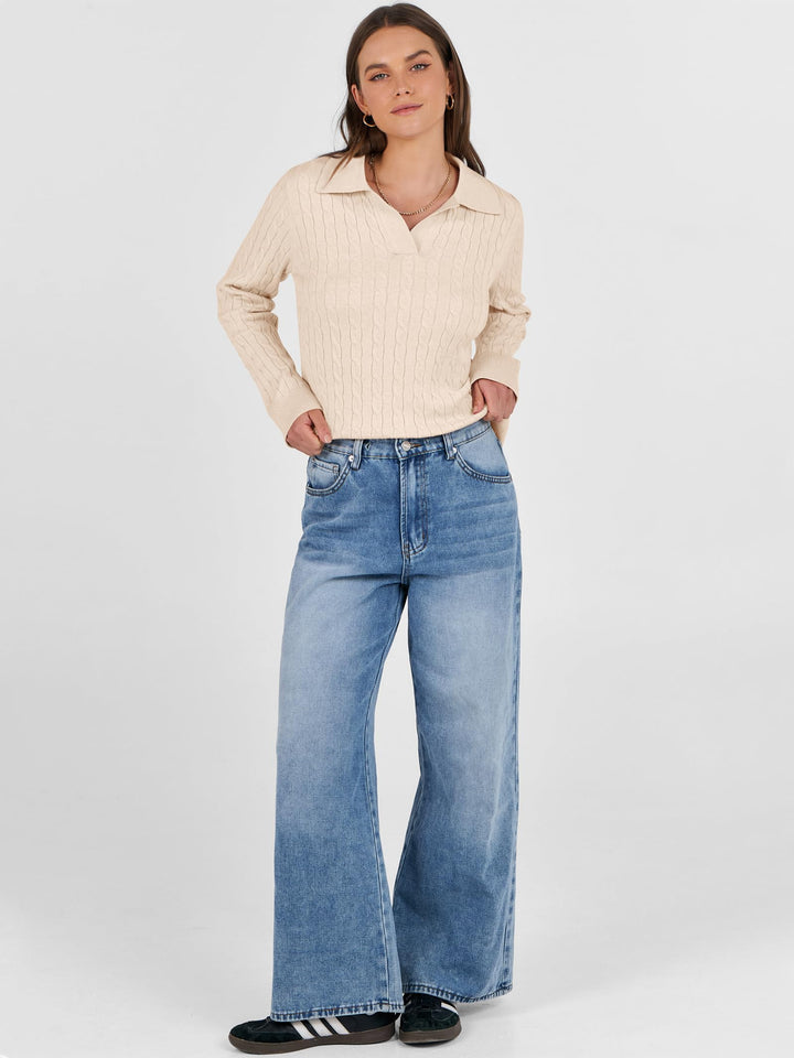 ANRABESS Women's Cable Knit V-Neck Long Sleeve Sweater