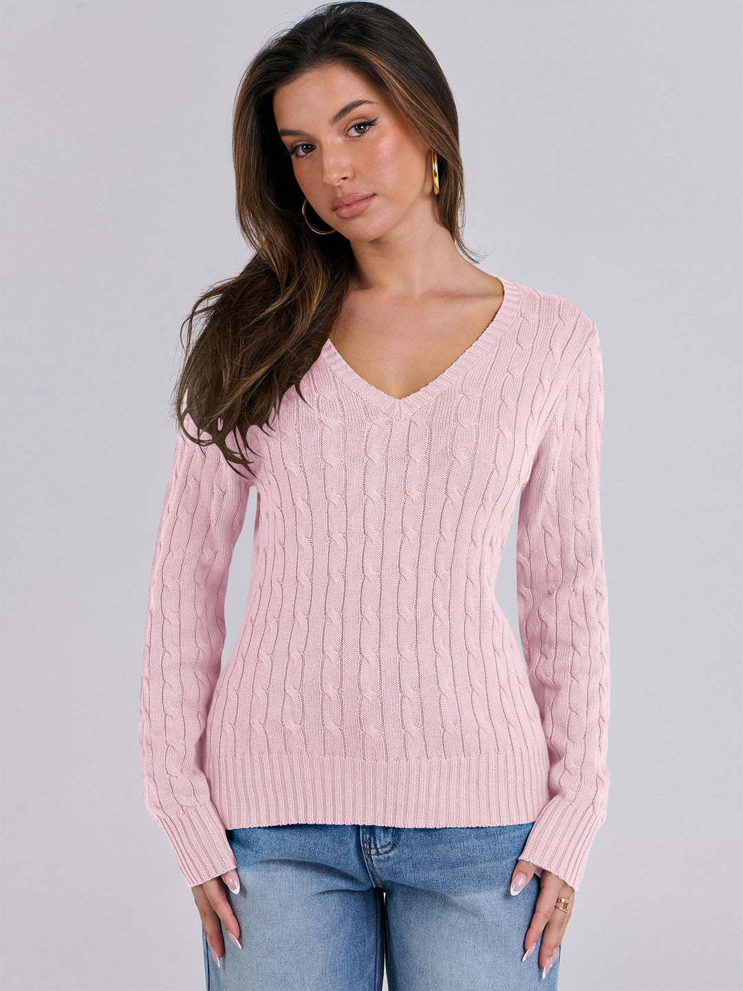 ANRABESS Women's Cable Knit V-Neck Fitted Sweater