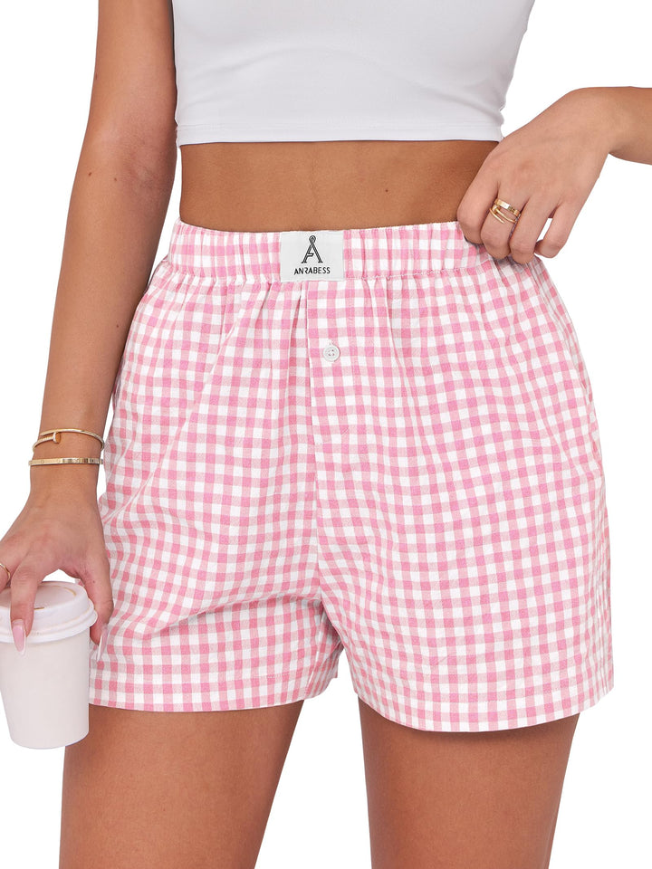 ANRABESS Womens Ruffle Boxer Shorts Gingham Elastic Waist Summer Casual Lounge Sleep Pajama Shorts Lightweight Loose Beach Bottoms with Pockets