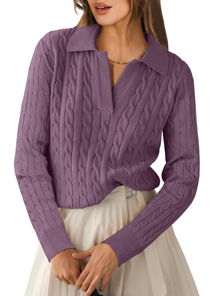 ANRABESS Women's Cable Knit V-Neck Long Sleeve Sweater