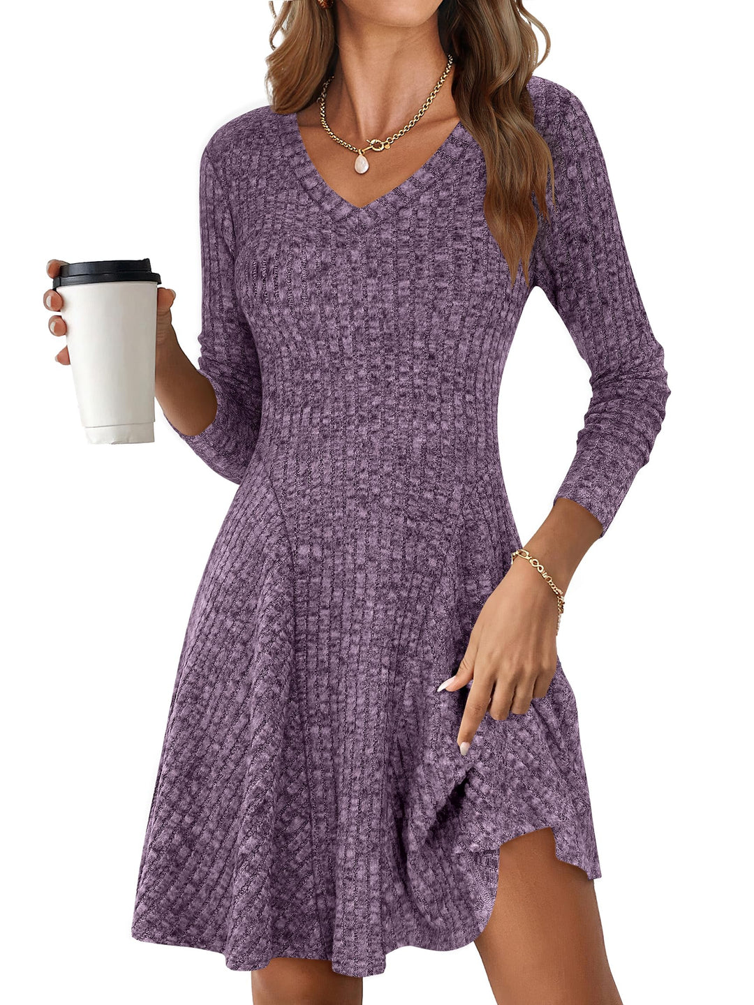 ANRABESS Women's Ribbed V-Neck Swing Sweater Dress