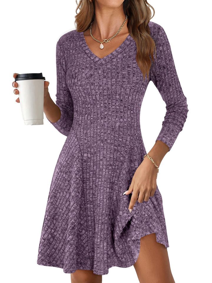 ANRABESS Women's Ribbed V-Neck Swing Sweater Dress