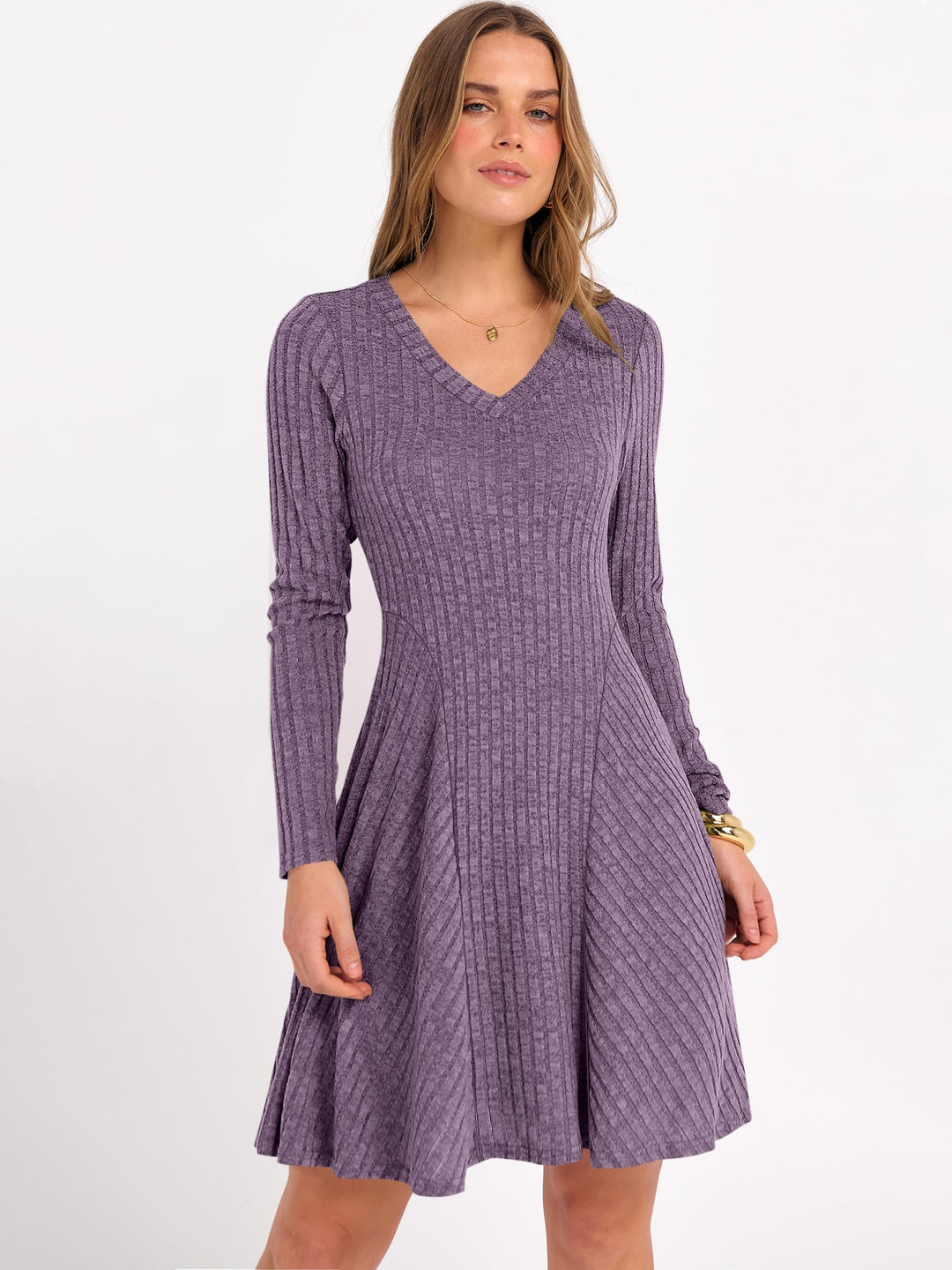 ANRABESS Women's Ribbed V-Neck Swing Sweater Dress