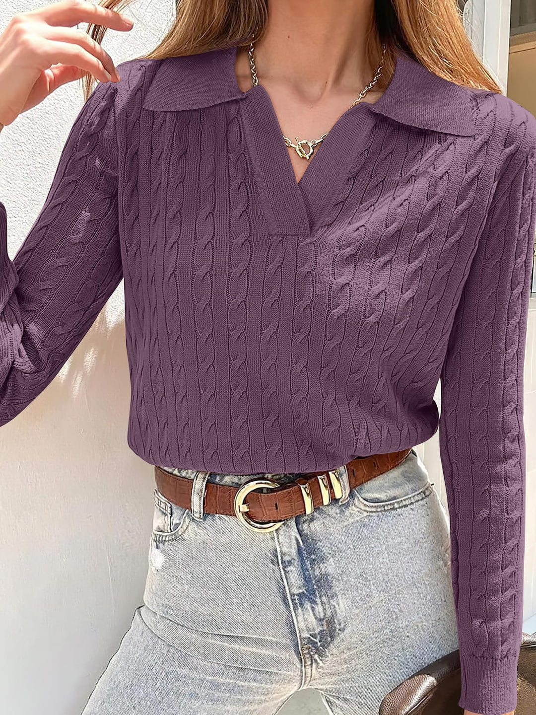 ANRABESS Women's Cable Knit V-Neck Long Sleeve Sweater