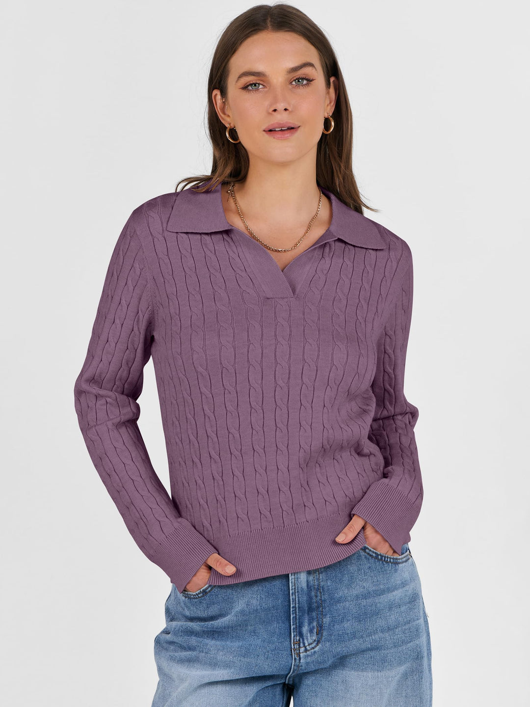 ANRABESS Women's Cable Knit V-Neck Long Sleeve Sweater