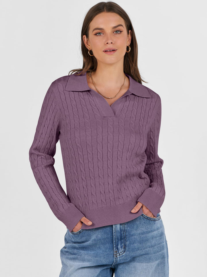 ANRABESS Women's Cable Knit V-Neck Long Sleeve Sweater