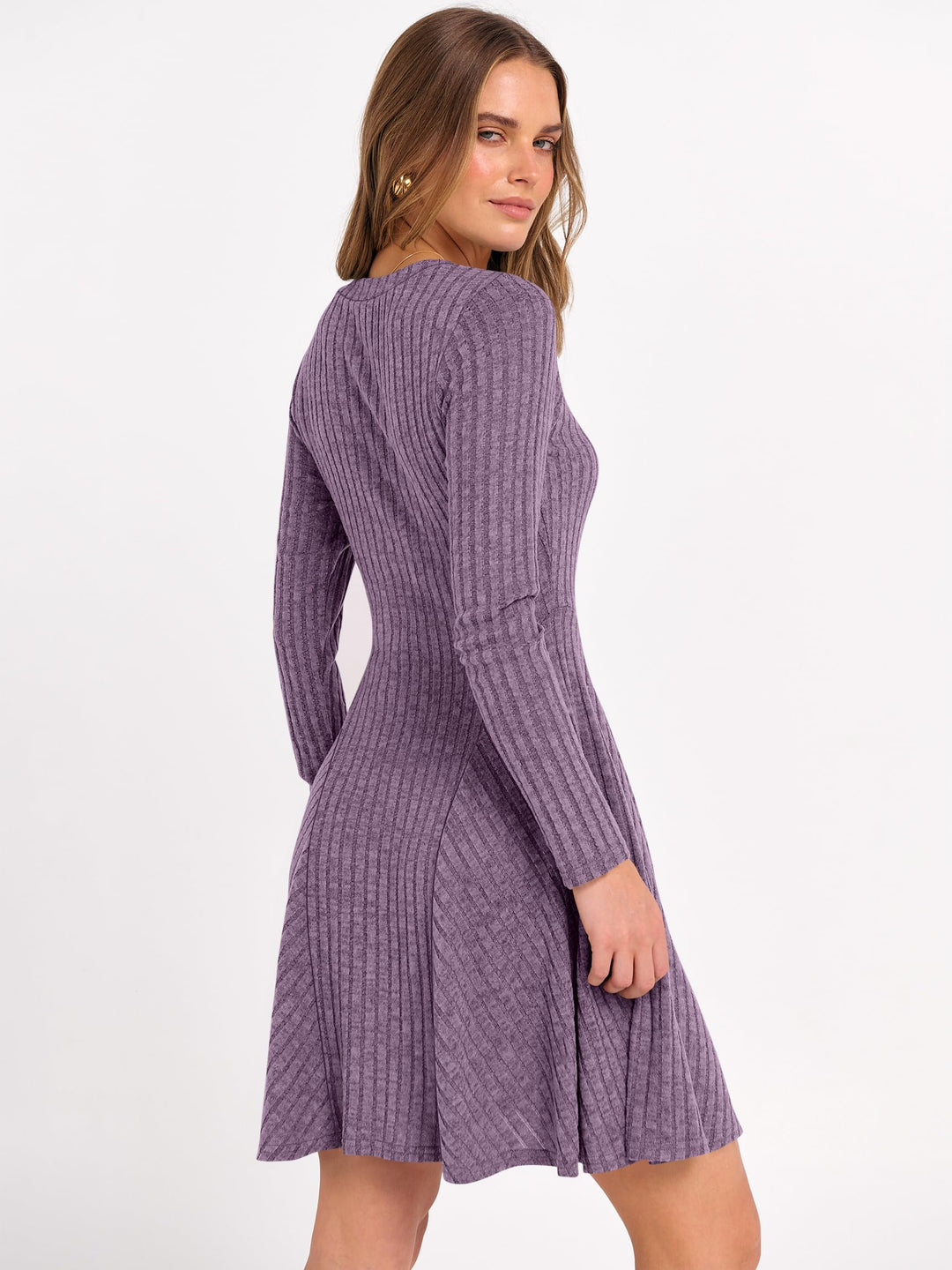 ANRABESS Women's Ribbed V-Neck Swing Sweater Dress