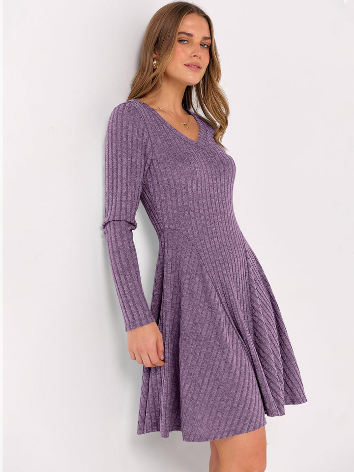 ANRABESS Women's Ribbed V-Neck Swing Sweater Dress