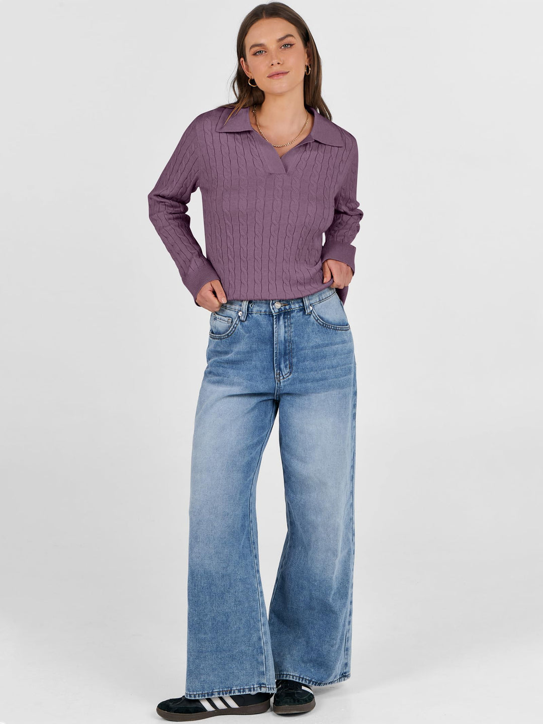 ANRABESS Women's Cable Knit V-Neck Long Sleeve Sweater