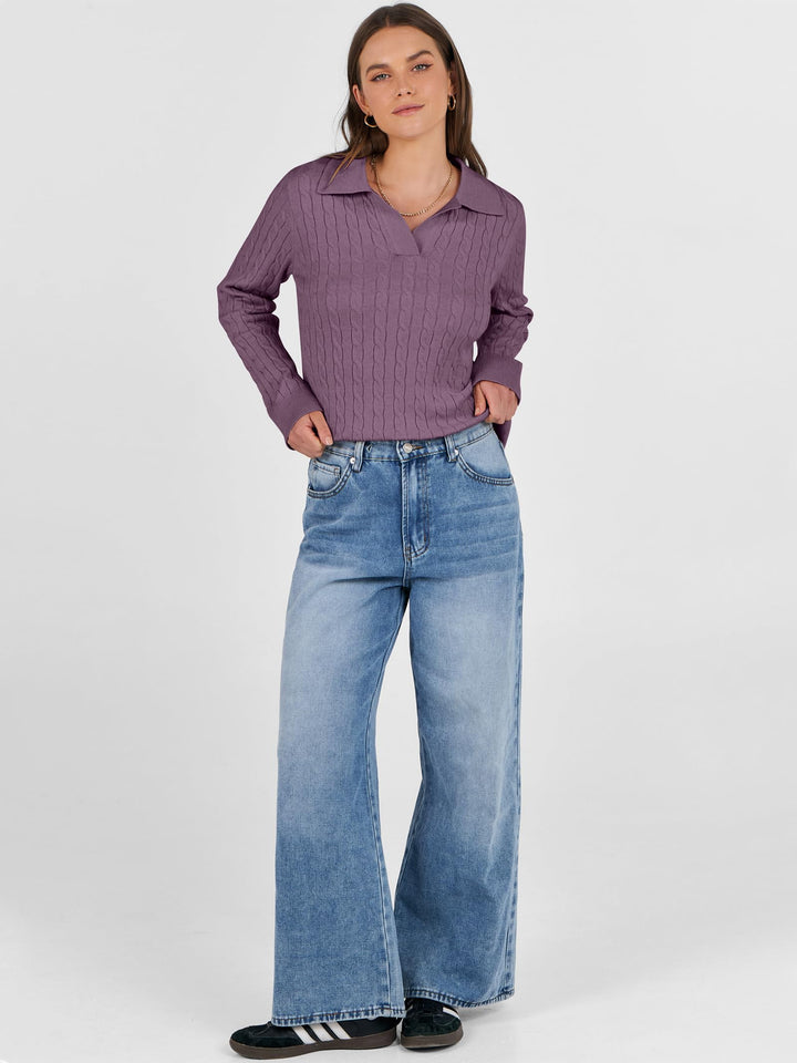 ANRABESS Women's Cable Knit V-Neck Long Sleeve Sweater