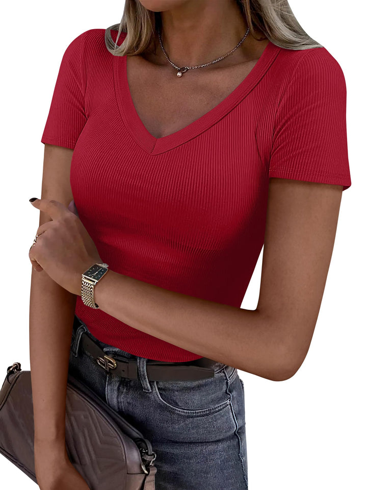ANRABESS Fitted Ribbed V-Neck Short Sleeve Top