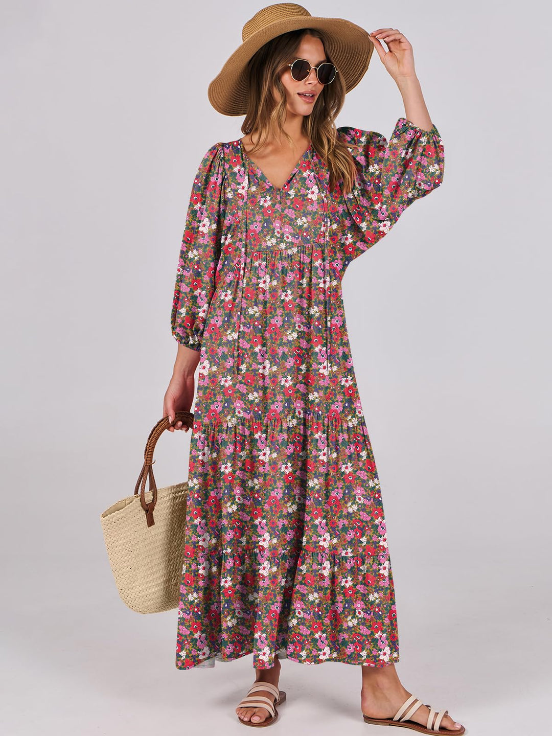 ANRABESS Women's Boho Floral V-Neck Maxi Dress