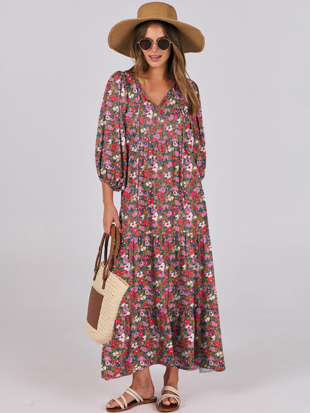 ANRABESS Women's Boho Floral V-Neck Maxi Dress
