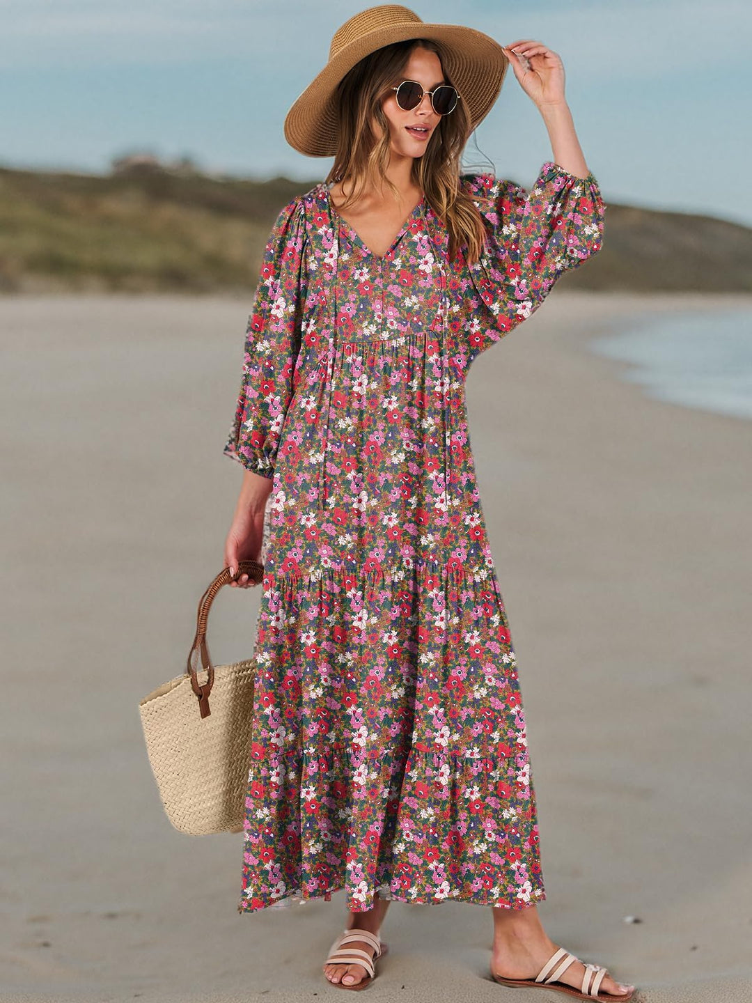 ANRABESS Women's Boho Floral V-Neck Maxi Dress