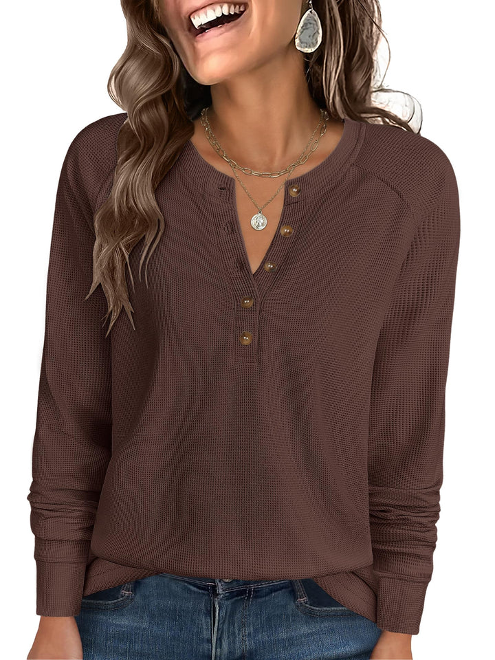 ANRABESS Long Sleeve Waffle Knit Shirts for Women Spring Fall Dressy Casual Button Up V Neck Henley Tops Loose Basic Tees Winter Clothes
