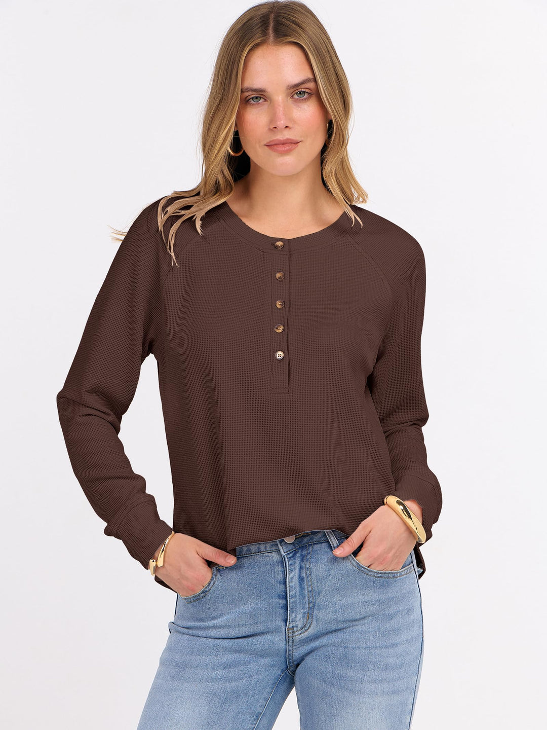 ANRABESS Long Sleeve Waffle Knit Shirts for Women Spring Fall Dressy Casual Button Up V Neck Henley Tops Loose Basic Tees Winter Clothes