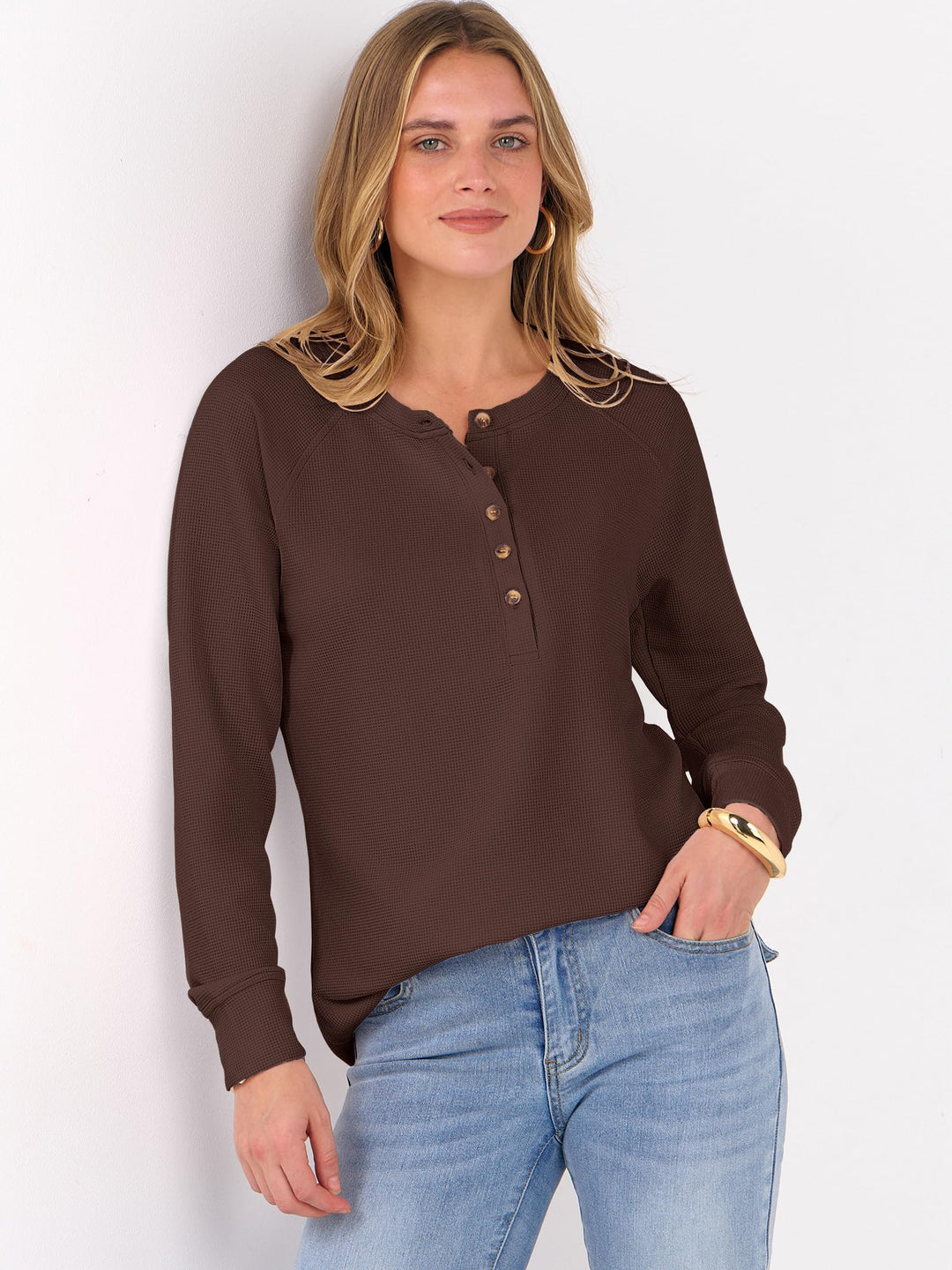 ANRABESS Long Sleeve Waffle Knit Shirts for Women Spring Fall Dressy Casual Button Up V Neck Henley Tops Loose Basic Tees Winter Clothes