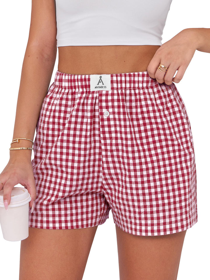 ANRABESS Womens Ruffle Boxer Shorts Gingham Elastic Waist Summer Casual Lounge Sleep Pajama Shorts Lightweight Loose Beach Bottoms with Pockets