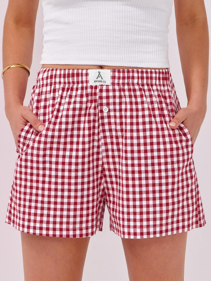 ANRABESS Womens Ruffle Boxer Shorts Gingham Elastic Waist Summer Casual Lounge Sleep Pajama Shorts Lightweight Loose Beach Bottoms with Pockets