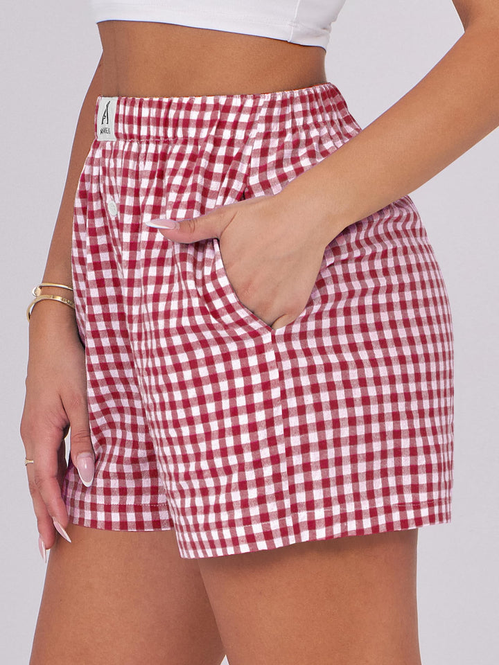 ANRABESS Womens Ruffle Boxer Shorts Gingham Elastic Waist Summer Casual Lounge Sleep Pajama Shorts Lightweight Loose Beach Bottoms with Pockets