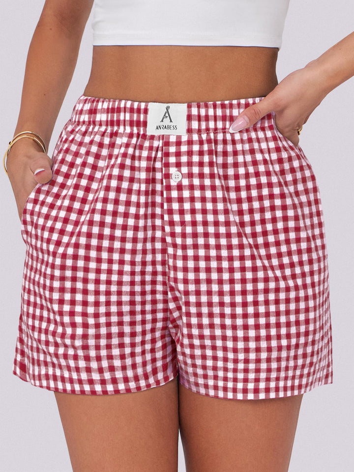 ANRABESS Womens Ruffle Boxer Shorts Gingham Elastic Waist Summer Casual Lounge Sleep Pajama Shorts Lightweight Loose Beach Bottoms with Pockets